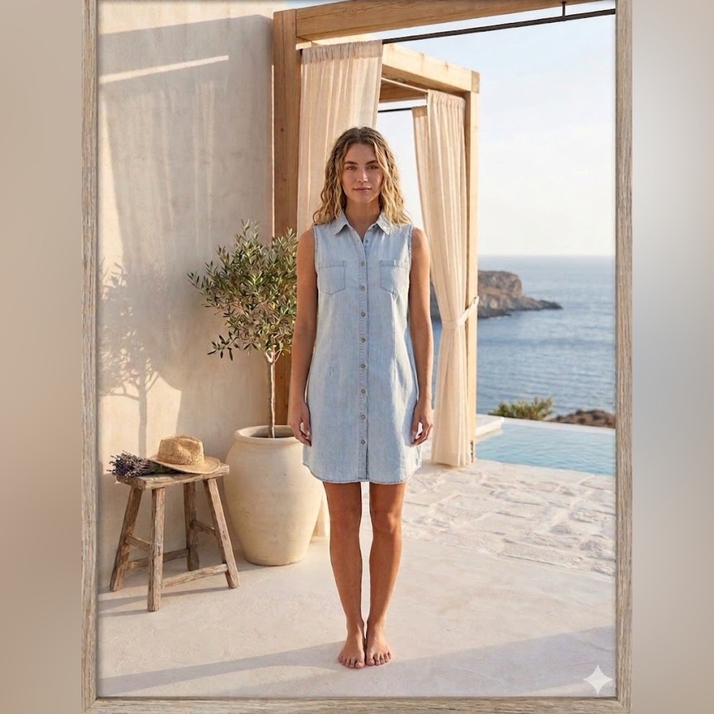 New Directions Bohemian Coastal crochet Back Denim Shirt Dress